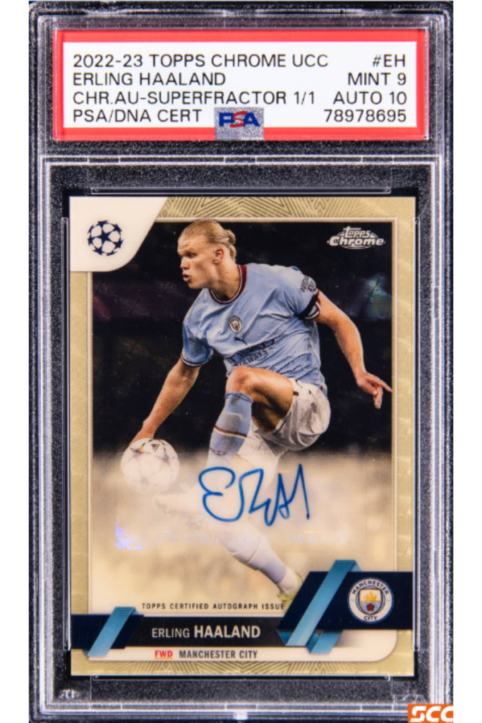 3. 2022-23 Topps Chrome UEFA Club Competitions Chrome Autographs SuperFractor #CA-EH Erling Haaland Signed Card (#1/1) - PSA MINT 9, PSA/DNA GEM MT 10